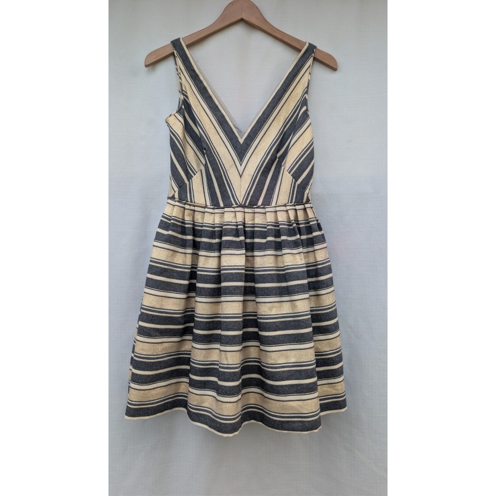J.Crew Metallic Gold Black Striped V-Neck Fit Flare Dress 43721 Size 0 NWT
